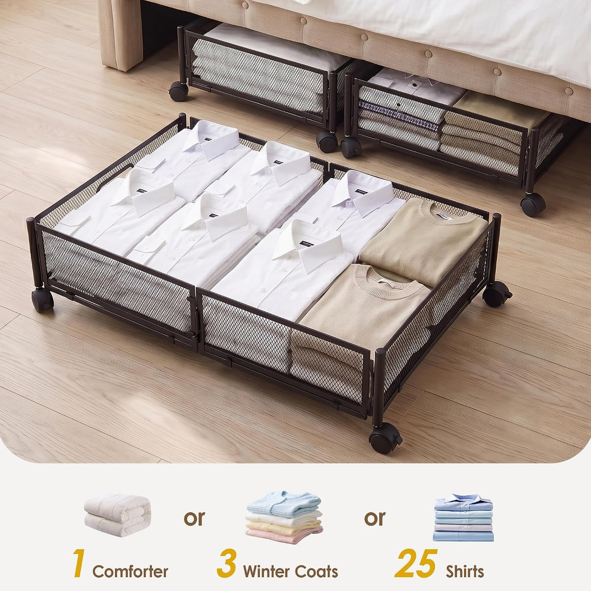 VECELO Under Bed Storage Containers with Wheels, Foldable Shoe Organizer Drawer with Handles, Space Saving for bedroom, Tool-free Assembly, 2 Pack