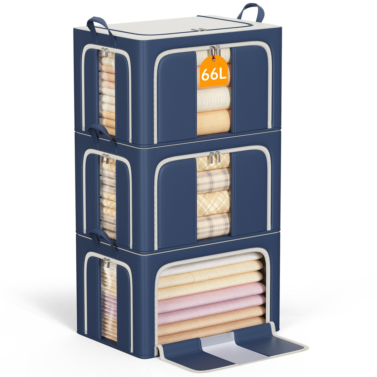 Clothes Storage Bins, 3 Openings, 66L, Brown