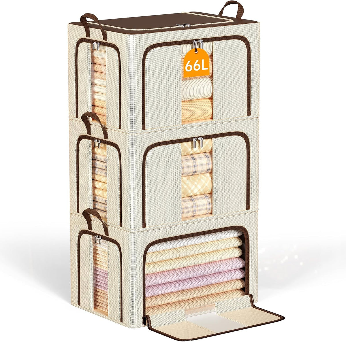 Clothes Storage Bins, 3 Openings, 66L, Brown