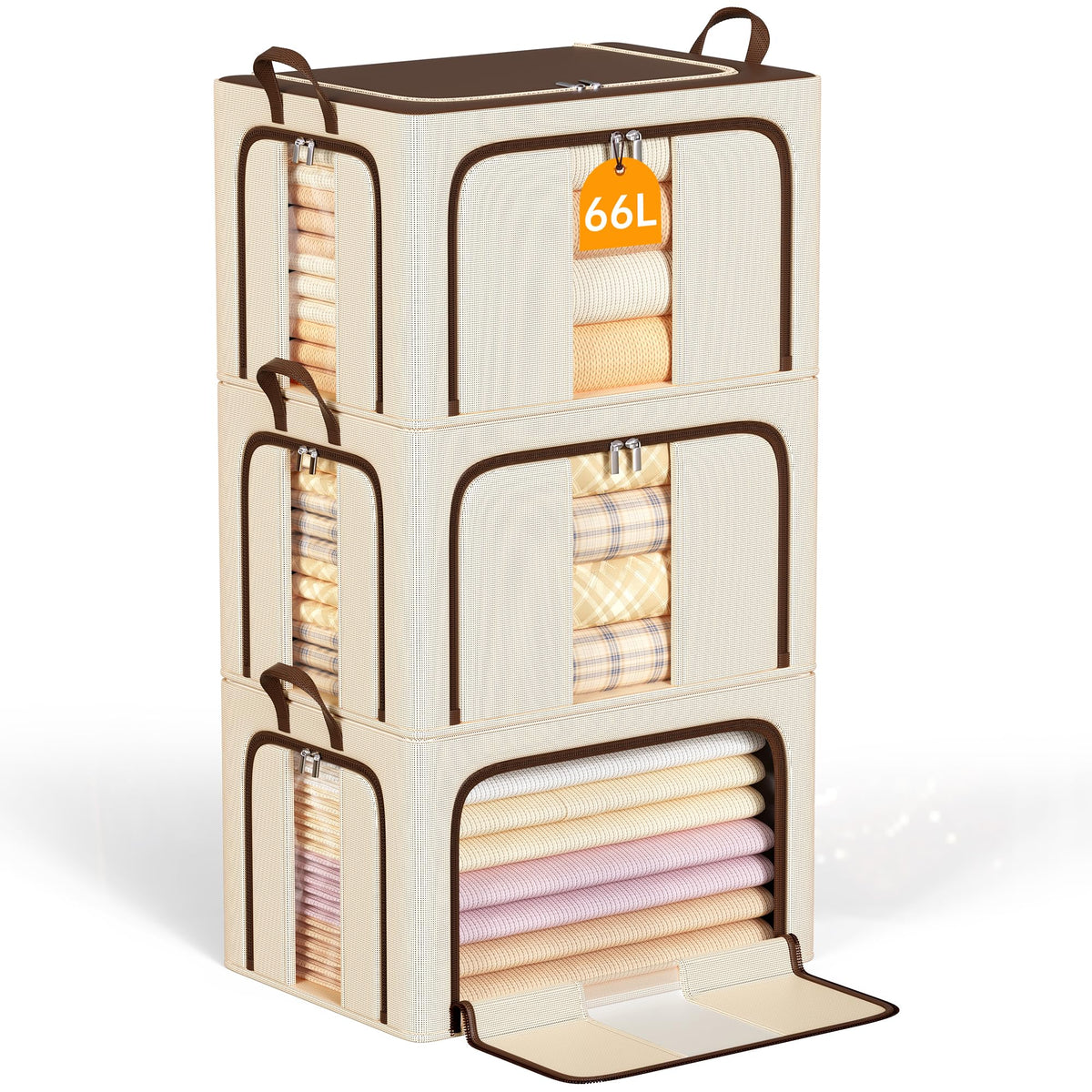 Clothes Storage Bins, 3 Openings, 66L, Brown