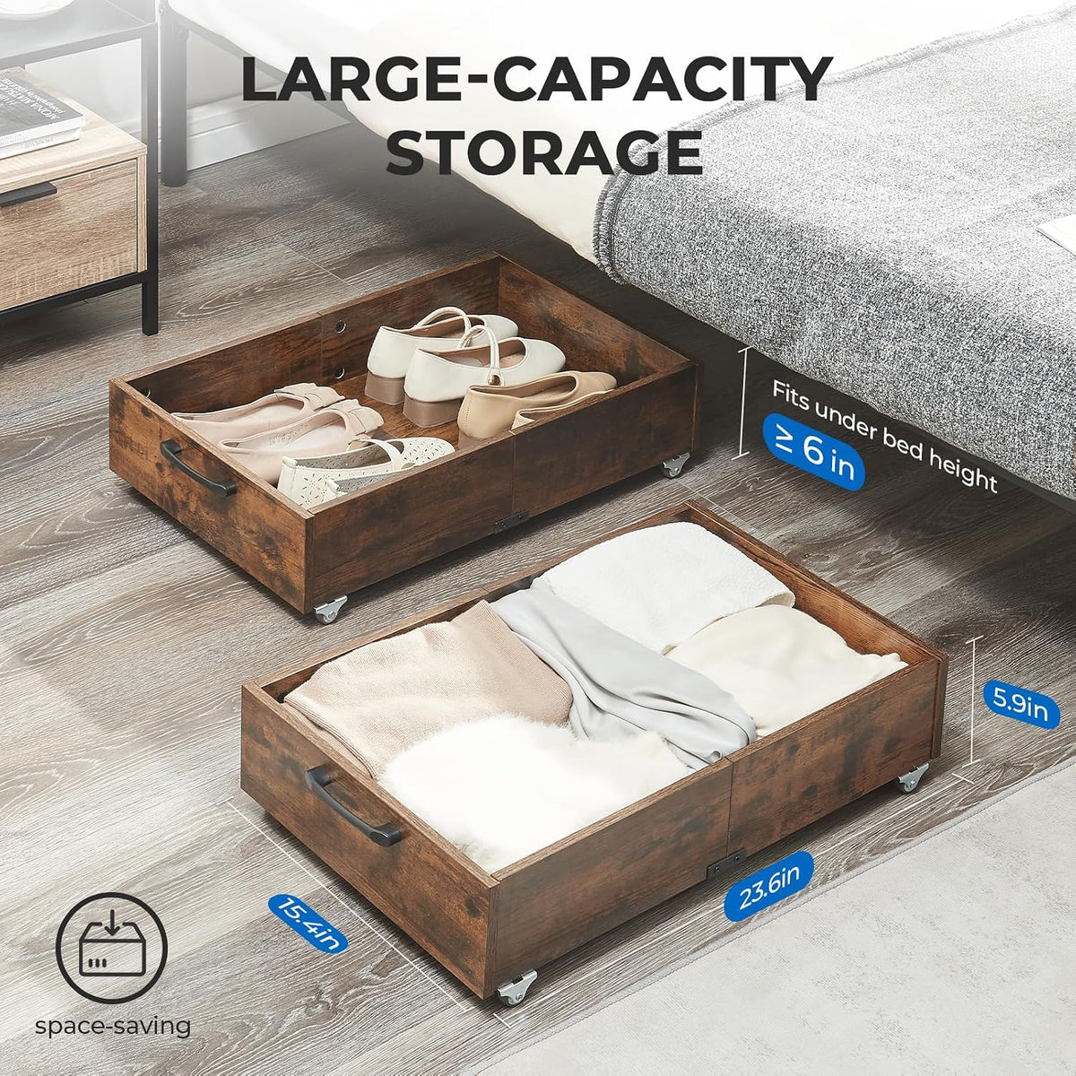 TIOPGHAD 2-Pack Under Bed Storage Drawers Organizer with Wheels, Brown