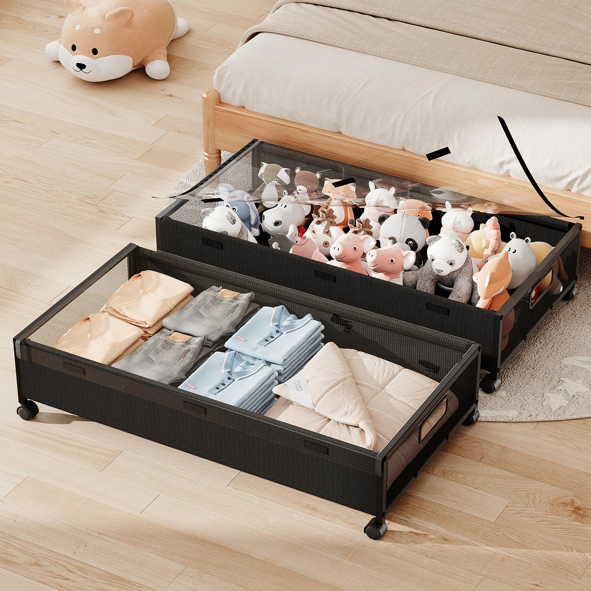 Under Bed Storage with Wheels, Wooden Under the Bed Storage with Remove Lid, Rolling Underbed Storage Drawers, Large Metal Storage Bins for Shoes Blankets Clothes Bedrooms Dorms (Vintage Brown-2pack)