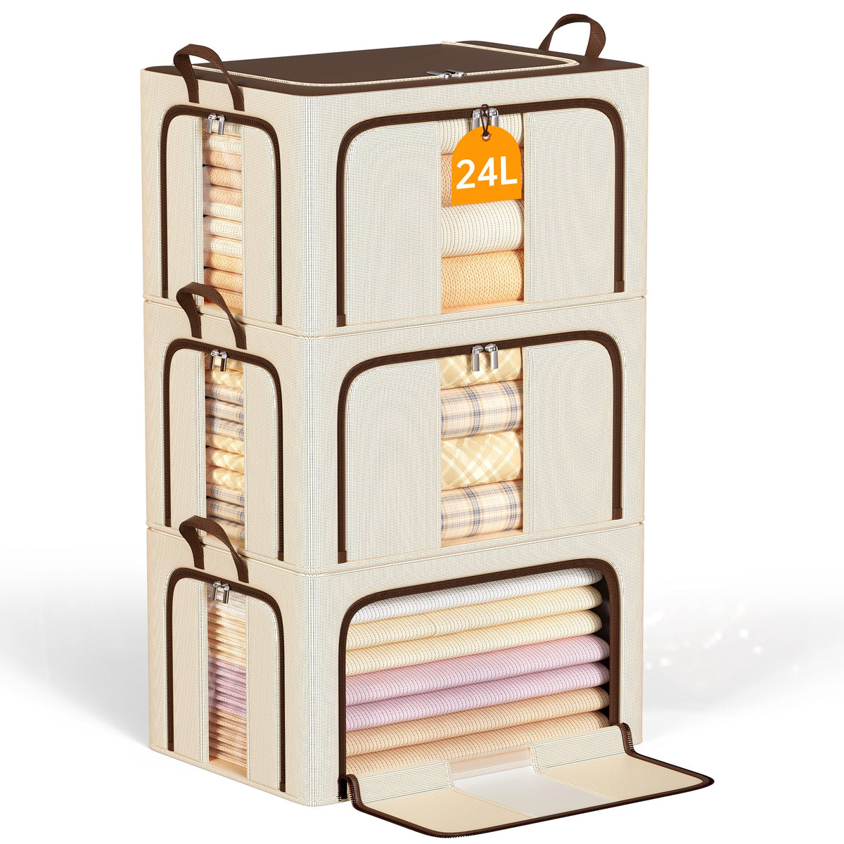 Clothes Storage Bins with Metal Frame Foldable Storage Box Clothes Organizers Storage Containers for Clothes Sheets Blankets Books Toys Gifts and Holiday Decorations (24Lx3 Pack)