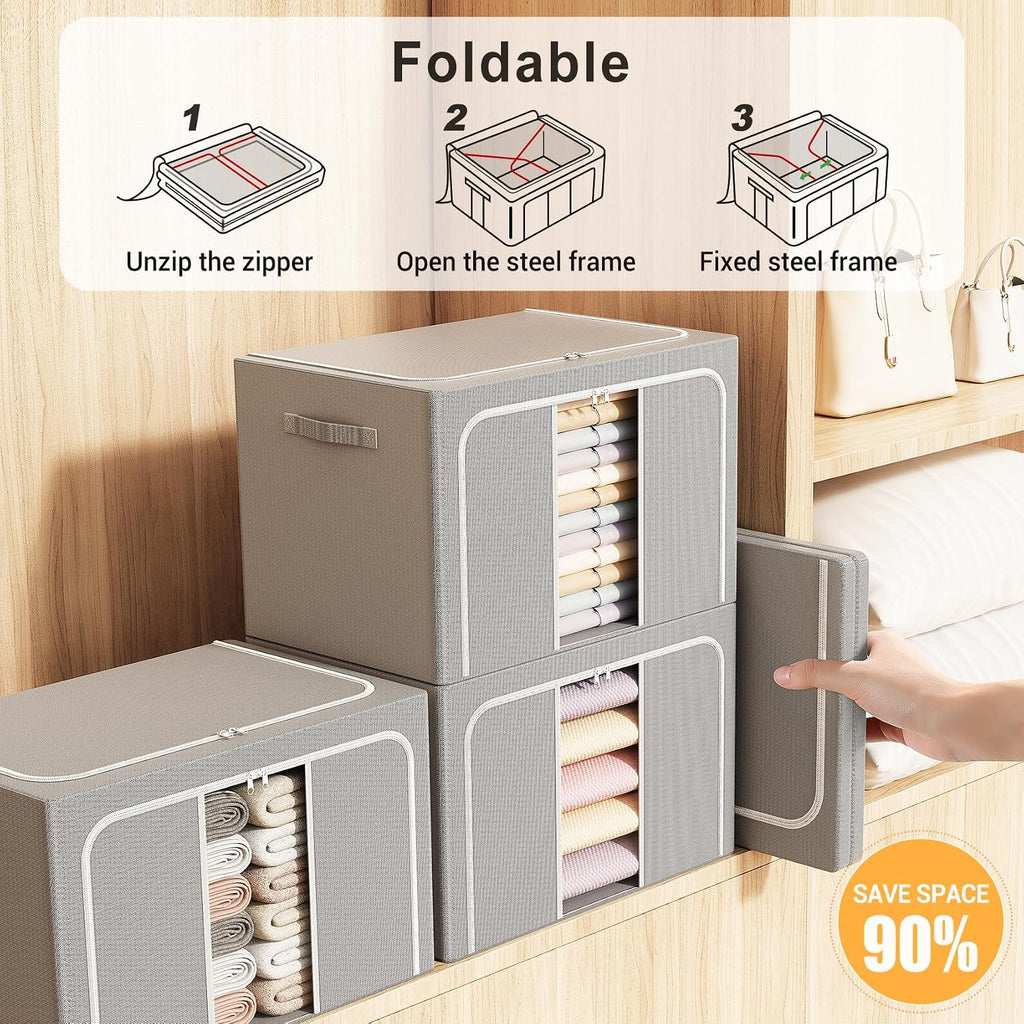 Clothes Storage Bins with Metal Frame Foldable Storage Box Clothes Organizers Storage Containers for Clothes Sheets Blankets Books Toys Gifts and Holiday Decorations (24Lx3 Pack)