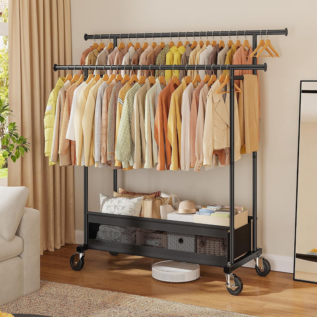 Clothes Rack 210 LBS Double Rods Extra Storage Basket