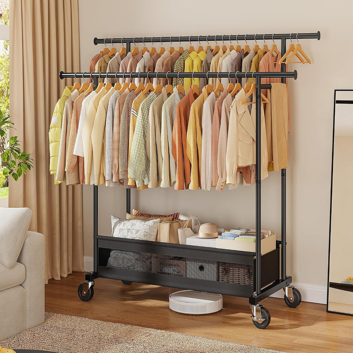 Clothes Rack 210 LBS Double Rods Extra Storage Basket