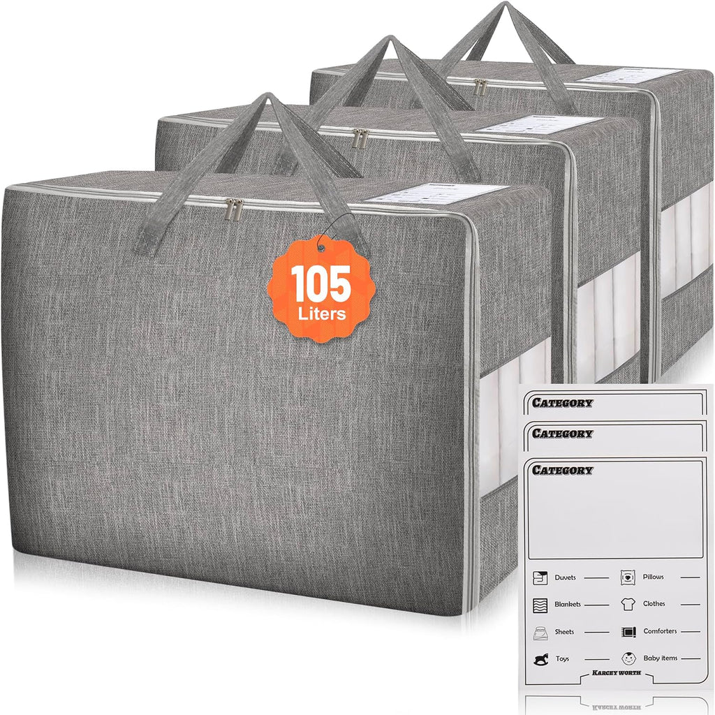 3 Pack 105L Comforter Storage Bags, Extra Large Bedding Storage Bags with Card and Clear Window, Reinforced Handles & Zippers, Foldable Closet Organizers for Blanket Pillow Clothes
