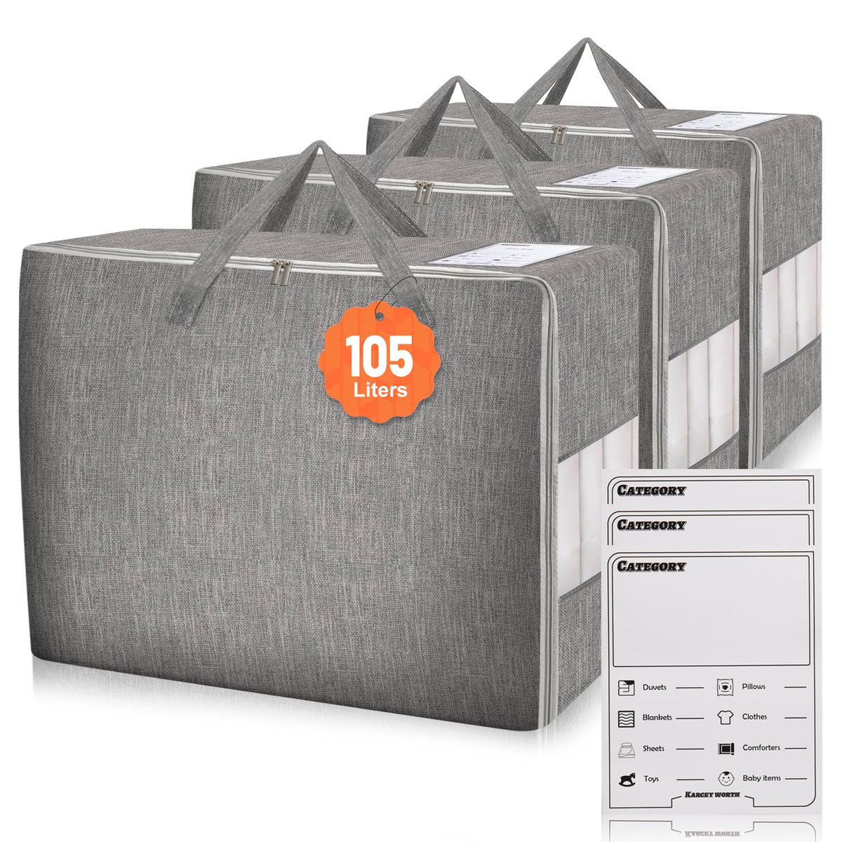 3 Pack 105L Comforter Storage Bags, Extra Large Bedding Storage Bags with Card and Clear Window, Reinforced Handles & Zippers, Foldable Closet Organizers for Blanket Pillow Clothes