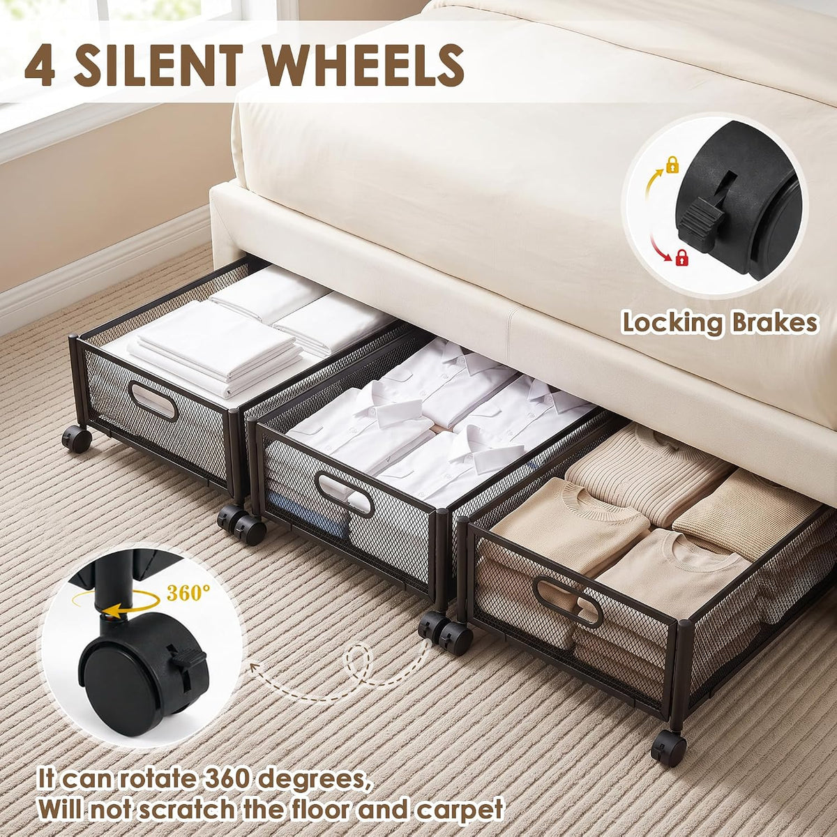 VECELO Under Bed Storage Containers with Wheels, Foldable Shoe Organizer Drawer with Handles, Space Saving for bedroom, Tool-free Assembly, 2 Pack