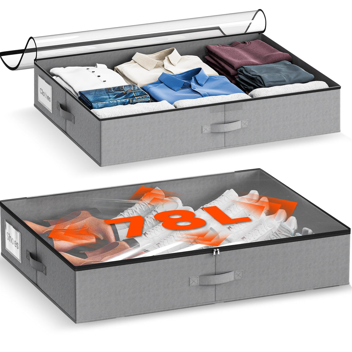 XXXL 78L Under Bed Storage, Storage Containers with Support & Clear Lid, Support Frame, Underbed Storage Bins for Clothes, Shoes, Blankets, and Toys 2 pack