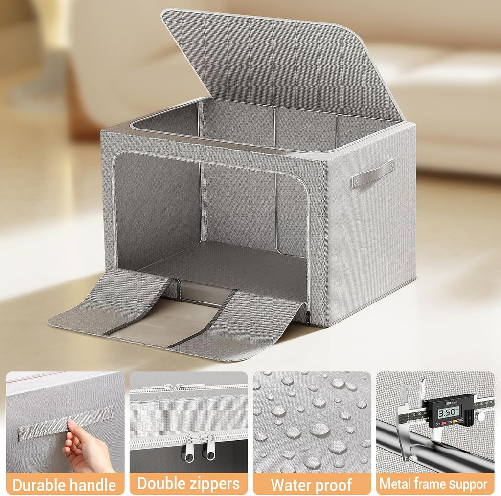 Clothes Storage Bins with Metal Frame Foldable Storage Box Clothes Organizers Storage Containers for Clothes Sheets Blankets Books Toys Gifts and Holiday Decorations (24Lx3 Pack)