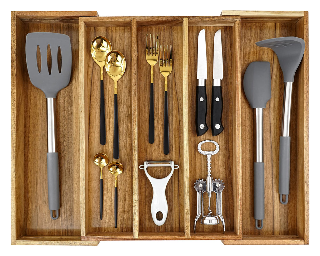 Luxury Acacia Kitchen Drawer Organizer - Silverware Organizer - Utensil Holder and Cutlery Tray with Grooved Drawer Dividers for Flatware and Kitchen Utensils (8 Slot), 17*12.4*2 inch