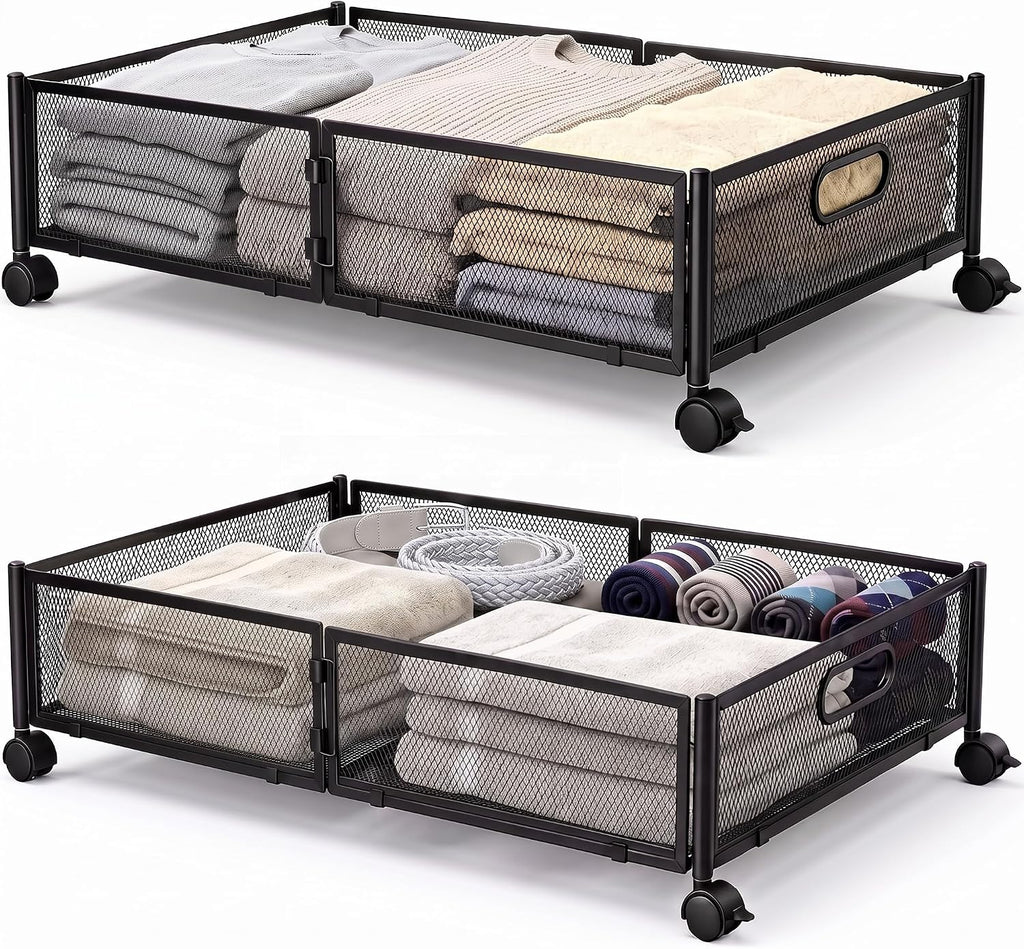 VECELO Under Bed Storage Containers with Wheels, Foldable Shoe Organizer Drawer with Handles, Space Saving for bedroom, Tool-free Assembly, 2 Pack