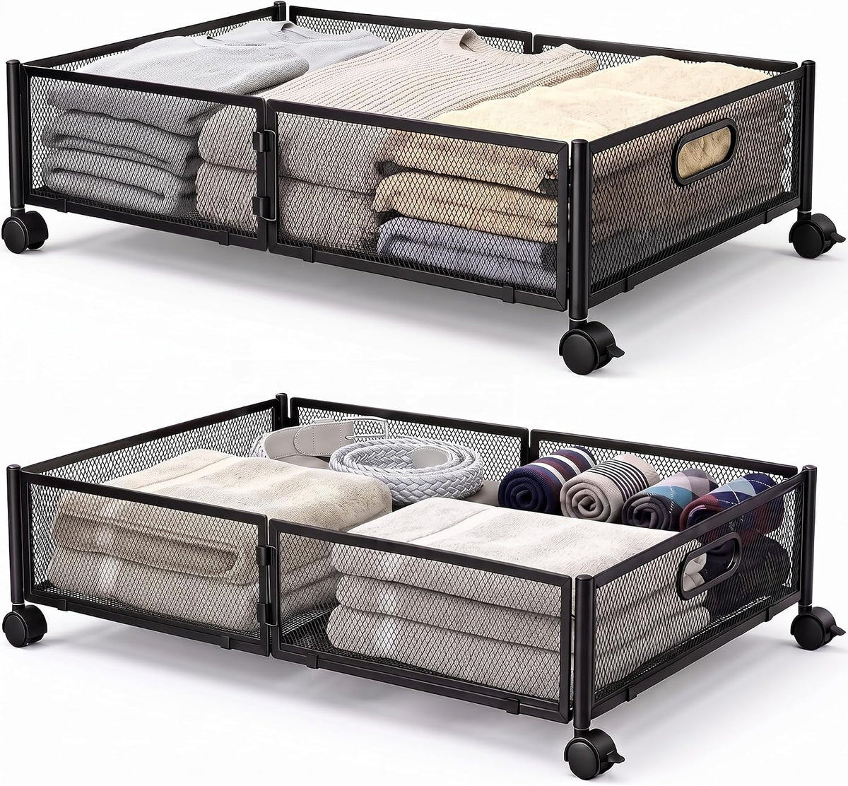 VECELO Under Bed Storage Containers with Wheels, Foldable Shoe Organizer Drawer with Handles, Space Saving for bedroom, Tool-free Assembly, 2 Pack