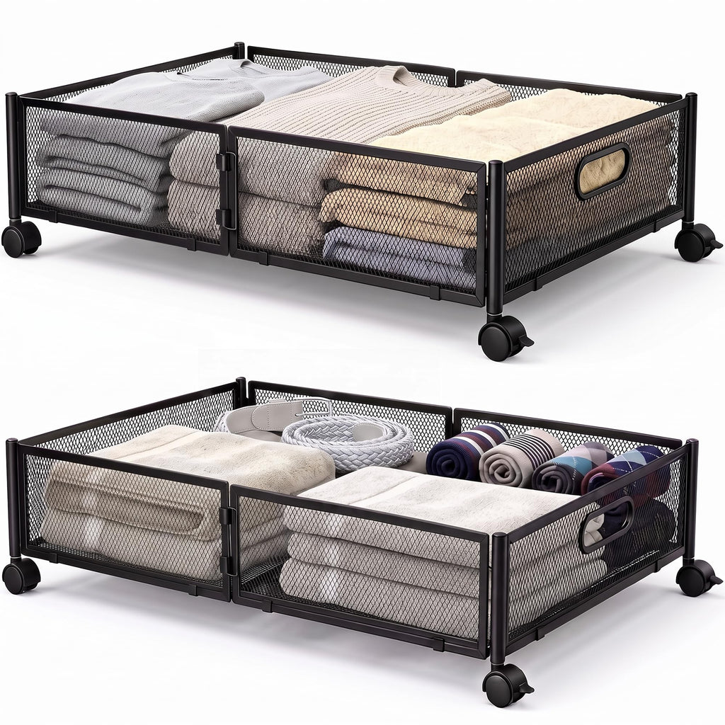 VECELO Under Bed Storage Containers with Wheels, Foldable Shoe Organizer Drawer with Handles, Space Saving for bedroom, Tool-free Assembly, 2 Pack