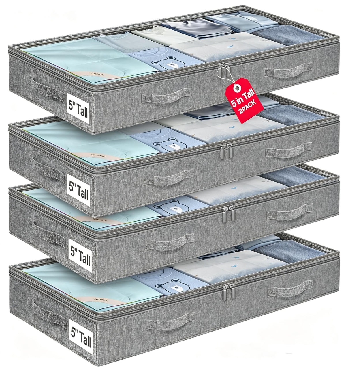 punemi 3 inch High Soft Low Profile Under Bed Storage Bins, 2 Pack, Grey