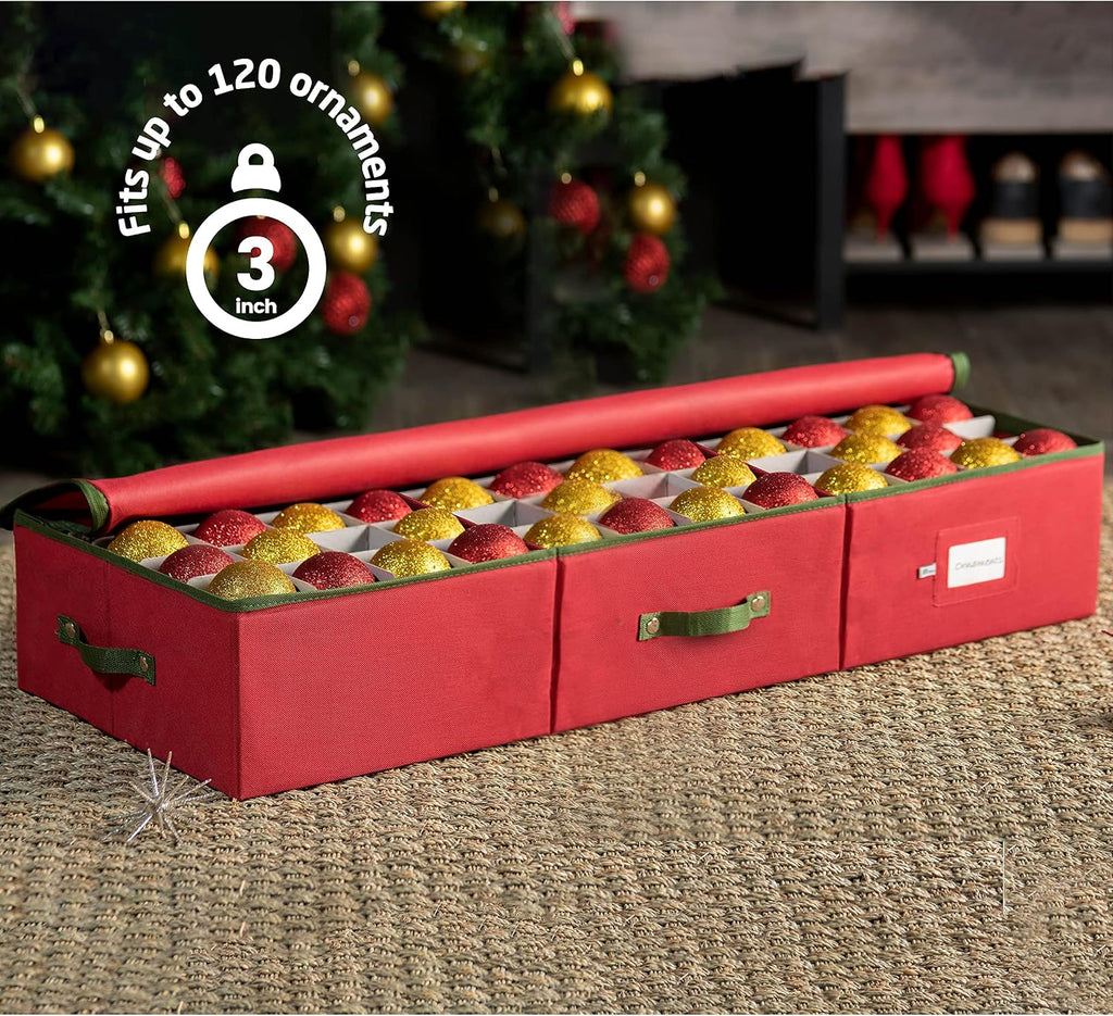 ZOBER Underbed Christmas Ornament Storage Box - Stores 120 3" Ornaments, With Dividers - Tear Proof 600D Oxford Fabric, Ornament Organizer Storage Box, Durable Christmas Containers Holder - Red