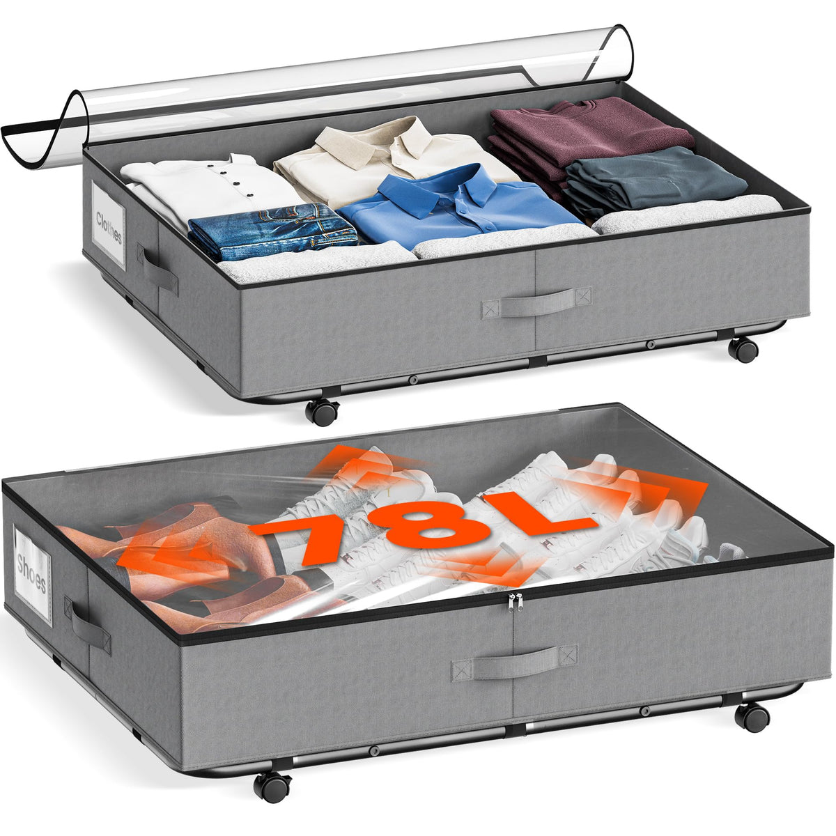 XXXL 78L Under Bed Storage, Storage Containers with Support & Clear Lid, Support Frame, Underbed Storage Bins for Clothes, Shoes, Blankets, and Toys 2 pack