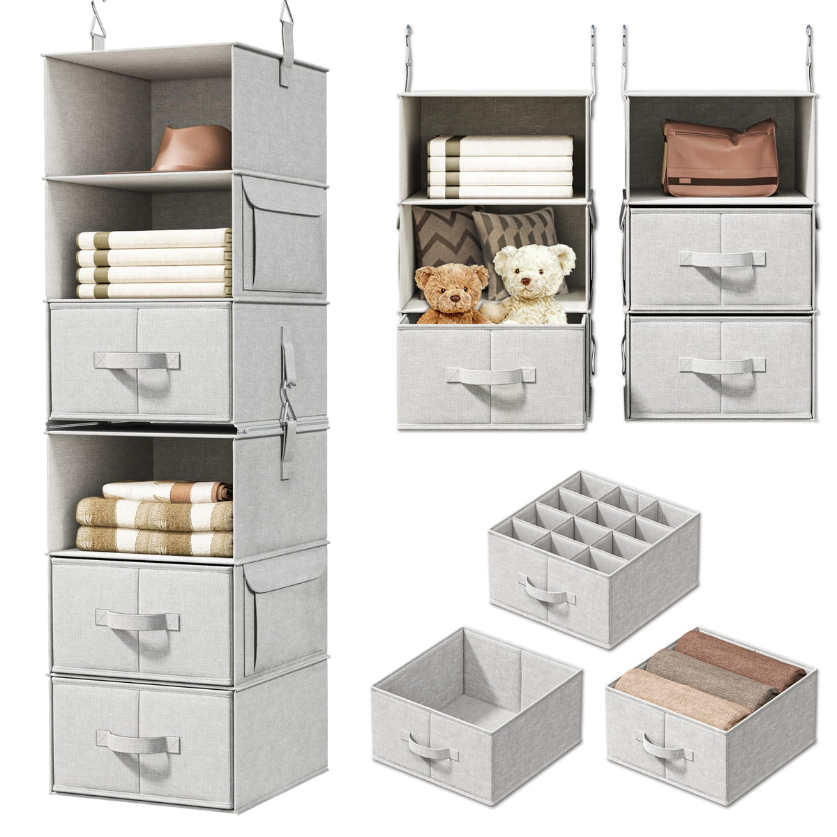 6-Shelf Hanging Closet Organizer with 3 Drawers, 2-in-1 Design, Beige