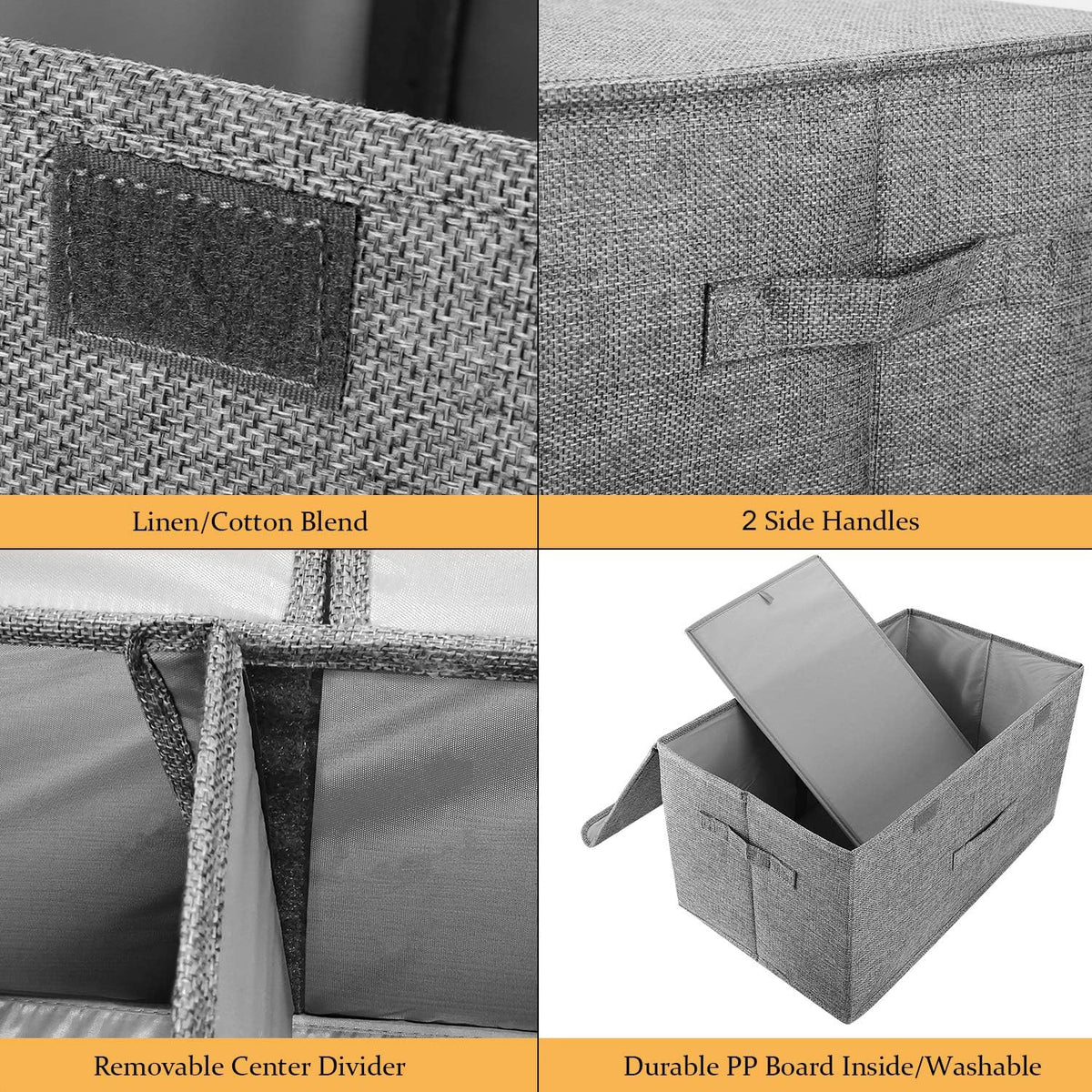 2 Pack Large Storage Boxes with Lids and Handles, Collapsible Linen Storage Bins Organizer Containers Baskets Cube with Removable Divider for Home Bedroom Closet Office (Cream, Small)