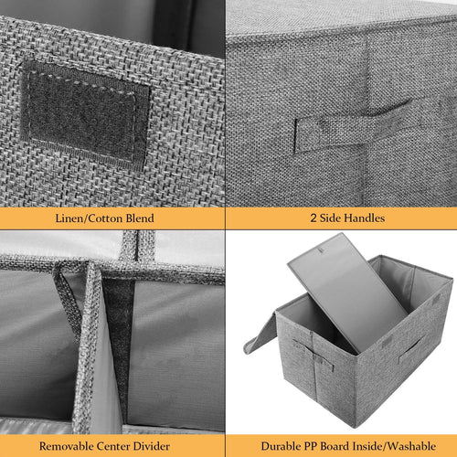 2 Pack Large Storage Boxes with Lids and Handles, Collapsible Linen Storage Bins Organizer Containers Baskets Cube with Removable Divider for Home Bedroom Closet Office (Cream, Small)