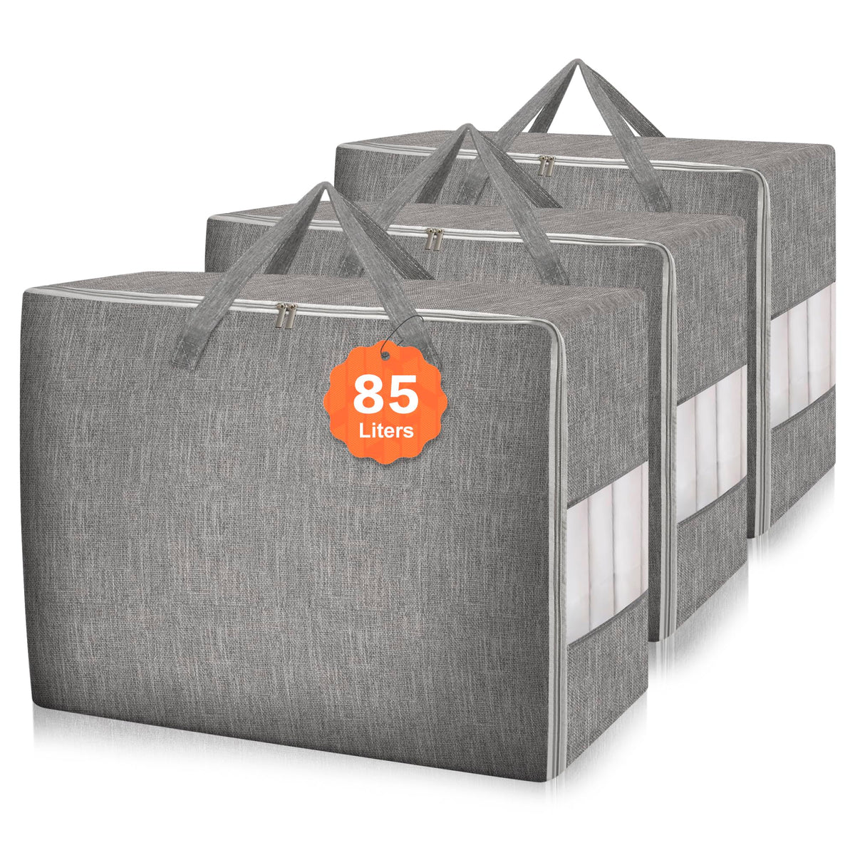 3 Pack 105L Comforter Storage Bags, Extra Large Bedding Storage Bags with Card and Clear Window, Reinforced Handles & Zippers, Foldable Closet Organizers for Blanket Pillow Clothes