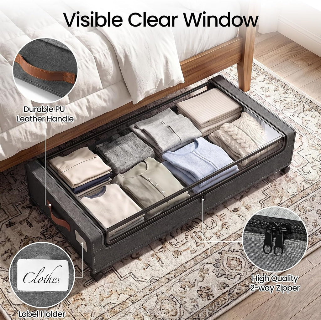 Yecaye 70L Large Under Bed Storage Containers with Wheels, 2Pack, Hemp Grey
