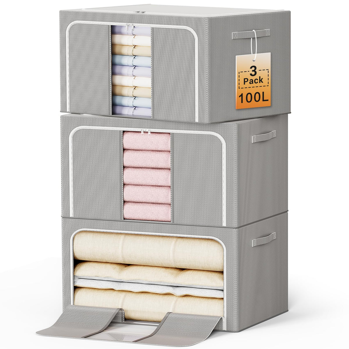 Clothes Storage Bins, 3 Openings, 66L, Brown